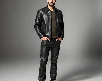 Men’s Black Genuine Sheepskin Leather Pants – Stylish Slim Fit Biker Trousers for Casual & Motorcycle Wear - Handmade Real Leather Pants