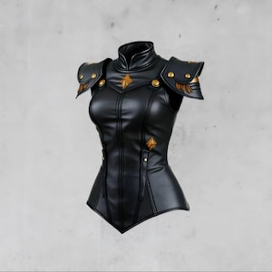 Genuine Black Leather Women&#39;s Fantasy Armor | Handcrafted Gothic Warrior Corset with Shoulder Pauldrons for LARP, Cosplay, Renaissance Fairs