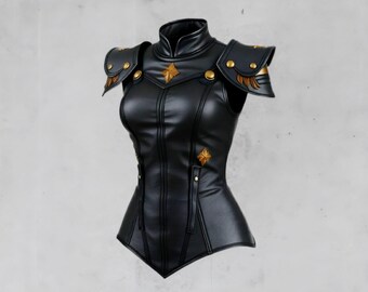 Genuine Black Leather Women's Fantasy Armor | Handcrafted Gothic Warrior Corset with Shoulder Pauldrons for LARP, Cosplay, Renaissance Fairs