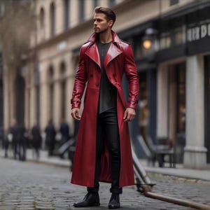 Men&#39;s Genuine Leather Red Trench Coat – Full-Length Double Breasted Matrix Overcoat | Gothic Fashion Streetwear Long Leather Coat for Men