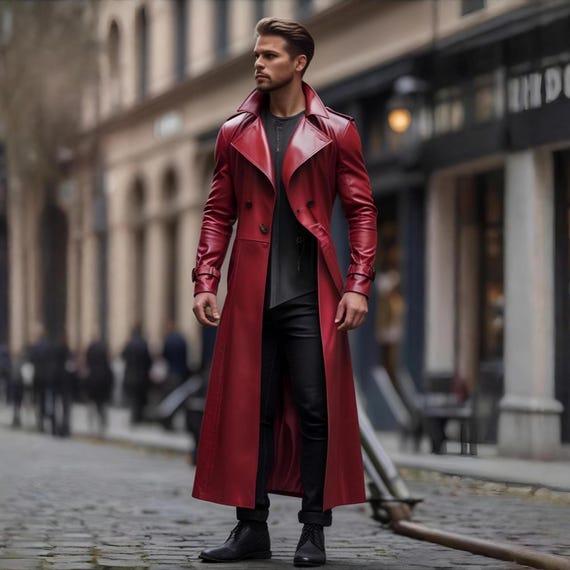 Men's Genuine Leather Red Trench Coat – Full-length Double