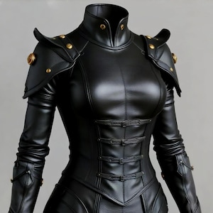Handcrafted Black Leather Fantasy Armor for Women – Genuine Gothic Warrior Bodysuit with Gold Accents – Medieval Steampunk Cosplay Outfit