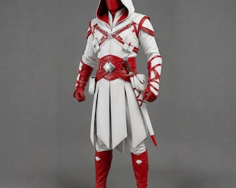 Genuine Leather Assassin Costume Set – White and Red Hooded Assassin Coat with White Leather Pants | Cosplay Outfit