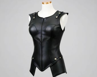 Genuine Black Leather Women's Fantasy Armor – Handmade Medieval Warrior Corset, Viking Cosplay Battle Vest, Gothic Renaissance Costume Top
