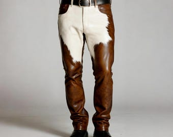 Men’s Genuine Cowhide Leather Pants – Brown & White Hair-On Western Rodeo Cowboy Trousers – Handmade Real Leather Ranchwear