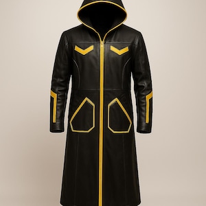 Premium Black Genuine Leather Hooded Coat with Bold Yellow Accents – Designer Trench for Cosplay, Festivals & Streetwear | Gothic Outfit