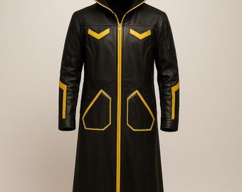 Premium Black Genuine Leather Hooded Coat with Bold Yellow Accents – Designer Trench for Cosplay, Festivals & Streetwear | Gothic Outfit