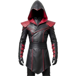 Genuine Leather Assassin Costume – Black and Red Hooded Warrior Outfit – Medieval Fantasy Cosplay Coat for Men, Halloween a LARP Costume