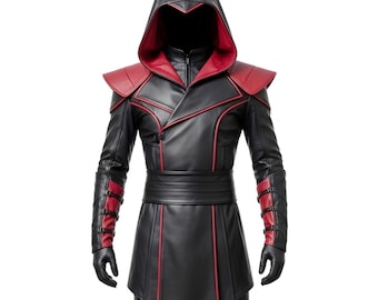 Genuine Leather Assassin Costume – Black and Red Hooded Warrior Outfit – Medieval Fantasy Cosplay Coat for Men, Halloween a LARP Costume