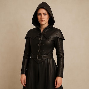 Genuine Leather Hooded Cloak for Women – Medieval Fantasy Costume– Gothic Renaissance Witch Outerwear for Cosplay, LARP and Steampunk Events