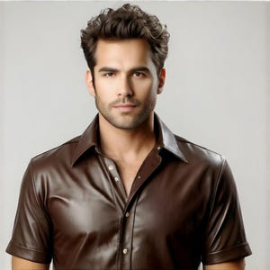 Men&#39;s Genuine Leather Short Sleeve Shirt – Handmade Brown Leather Shirt – Stylish Casual & Formal Wear – Premium Soft Leather Shirt For Men