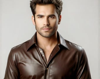 May include: A man wearing a brown leather short-sleeved shirt with a button-up collar.
