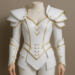 Genuine Leather Fantasy Armor – White & Gold Women’s Warrior Costume – Medieval Cosplay Armor Set for LARP, Renaissance, and Halloween