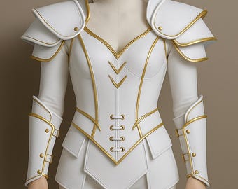 Armadura de couro genuíno de fantasia – Traje de guerreira feminina branco e dourado – Conjunto de armadura de cosplay medieval para LARP, Renascimento e Halloween