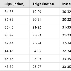 May include: Size chart for clothing with measurements in inches for waist, hips, thigh, inseam, and length. Sizes range from XS (0-2) to 4XL (28-30).