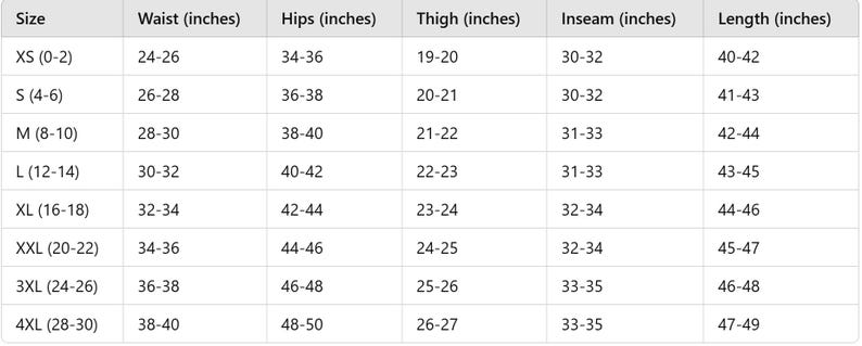 May include: Size chart for clothing with measurements in inches for waist, hips, thigh, inseam, and length. Sizes range from XS (0-2) to 4XL (28-30).