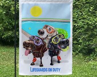 Personalized 3 Labrador Retrievers art together on yard flags, black lab, yellow lab, chocolate lab retriever art dog garden flag, pool sign