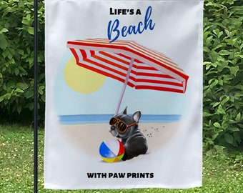 Black French Bulldog art on garden flag, French bulldog gifts, lawn signs, welcome flags, beachy decor, lake house sign, bulldog decor