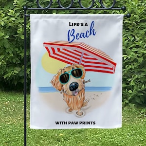 Golden retriever art on yard flags, beach themed decor, welcome flag, hello summer sign, dog flag, garden flag, golden retriever decor