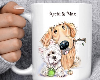 Personalized dog mug with 2 together. Corgi, Dachshund, Pitbull, French Bulldog, Golden Retriever, Goldendoodle, Labrador Retriever, & more
