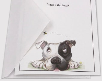 Pit bull folded note cards for dog lover, black & white pitbull blank thank you cards for hostess gift, set of ten, envelopes included