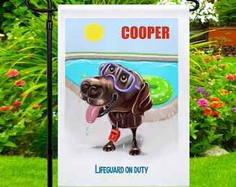 Personalized Chocolate Lab Retriever art on yard flags, pool gift, dog garden flag, personalized pool gift, pool party decor, Labrador