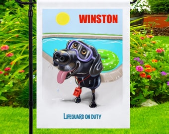 Personalized Black Labrador Retriever art on yard flags, dog garden flag, pool gift, pool sign, pool decor, Black lab, pool party