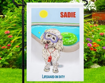 Personalized white Goldendoodle or Labradoodle garden flag, welcome to our pool flag, yard flags, pool sign, pool party gift, dog decor