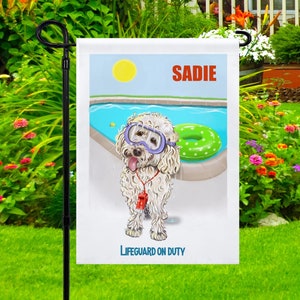 Personalized white Goldendoodle or Labradoodle garden flag, welcome to our pool flag, yard flags, pool sign, pool party gift, dog decor