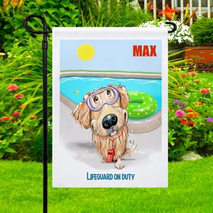 Personalized Golden Retriever garden flags, pool flag, dog yard flag, pool gift, pool decor, can put 2 Playful Pups together on one flag image 1