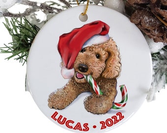 Personalized mini goldendoodle hanging ornament, red golden doodle dog ornaments, 3” round ceramic pet ornaments, pet parent, doodle mom