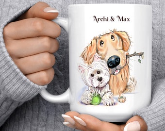 Dog mug showing 2 personalized dogs. Corgi, Dachshund, Pitbull, French Bulldog, Golden Retriever, Goldendoodle, Labrador Retriever, & more