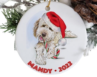 Personalized goldendoodle or labradoodle ornament, dog ornaments Etsy, dog memorial, round ceramic white golden doodle ornaments, doodle mom