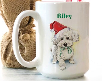 Bichon Frise Christmas mug personalized, Maltichon Xmas coffee cup, Toy Poodle, Miniature poodle, Maltipoo large coffee mug stocking stuffer
