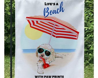 Goldendoodle dog garden flag, labradoodle, lawn signs, golden doodle art, goldendoodle dad, beachy decor, welcome flag, hello summer sign