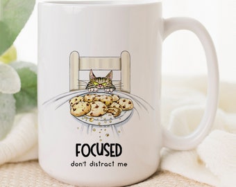 Personalized funny cat coffee mug, tabby cat art, cat humor, gift for chocoholic, cat stuff, naughty kitty, focus, coffee cup, funny mug