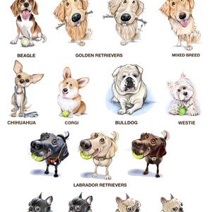 May include: A digital illustration of various dog breeds, including a Beagle, Golden Retrievers, Mixed Breed, Chihuahua, Corgi, Bulldog, Westie, Labrador Retrievers, and French Bulldogs. The dogs are depicted in a playful and cartoonish style, with some holding tennis balls or sticks.