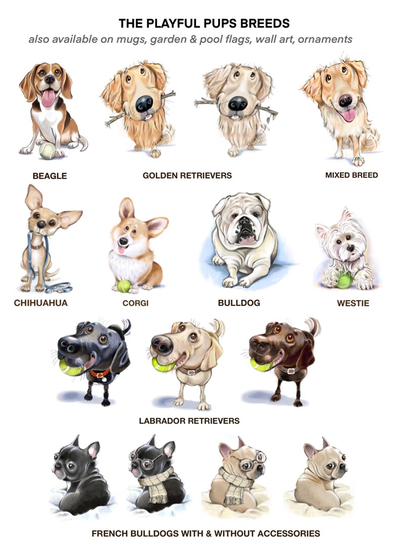 May include: A digital illustration of various dog breeds, including a Beagle, Golden Retrievers, Mixed Breed, Chihuahua, Corgi, Bulldog, Westie, Labrador Retrievers, and French Bulldogs. The dogs are depicted in a playful and cartoonish style, with some holding tennis balls or sticks.