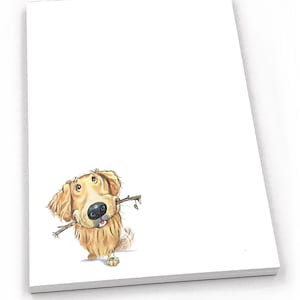 May include: A golden retriever dog with a stick in its mouth, looking up with a happy expression. The dog is drawn in a cartoon style with a white background.