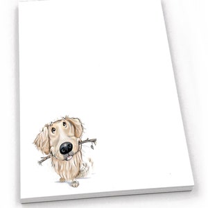 May include: A light colored Golden Retriever dog with a stick in its mouth, looking up at the camera. The dog is drawn in a cartoon style.