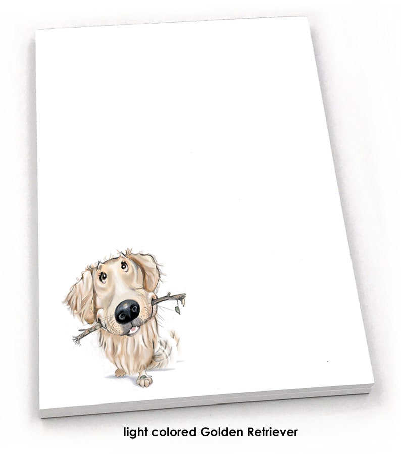 May include: A light colored Golden Retriever dog with a stick in its mouth, looking up at the camera. The dog is drawn in a cartoon style.