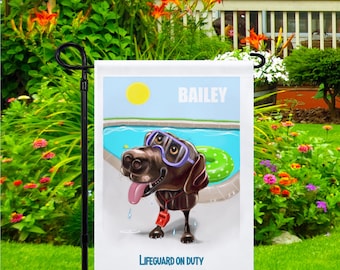 Chocolate Lab Retriever art on yard flags, pool gift, dog garden flag, personalized pool gift, pool party decor, lifeguard, Labrador