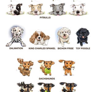 May include: Illustration of different dog breeds, including Pitbulls, Dalmatian, King Charles Spaniel, Bichon Frise, Toy Poodle, and Dachshunds. The dogs are depicted in playful poses, some with toys or sticks in their mouths.