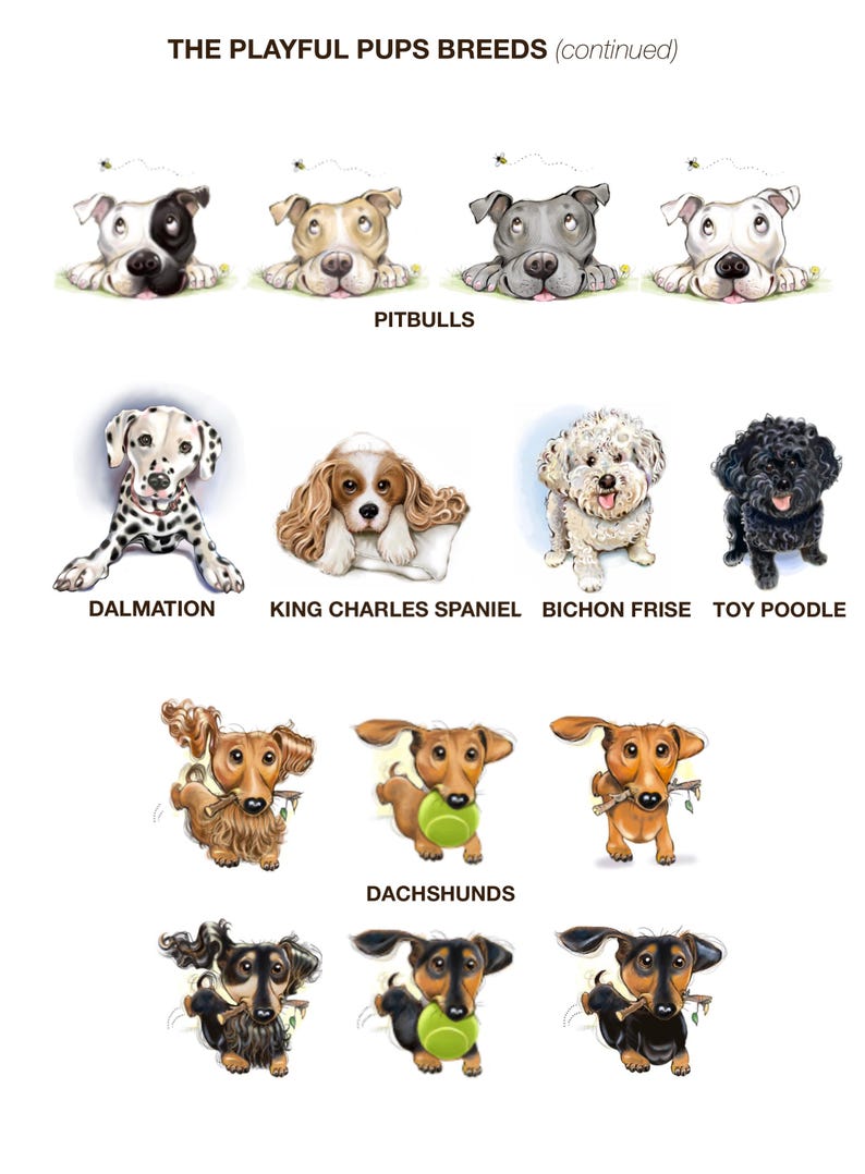 May include: Illustration of different dog breeds, including Pitbulls, Dalmatian, King Charles Spaniel, Bichon Frise, Toy Poodle, and Dachshunds. The dogs are depicted in playful poses, some with toys or sticks in their mouths.