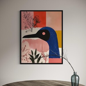 Arte murale con uccelli astratti colorati – Stampa giclée rosa e blu audace – Decorazione d'arte moderna