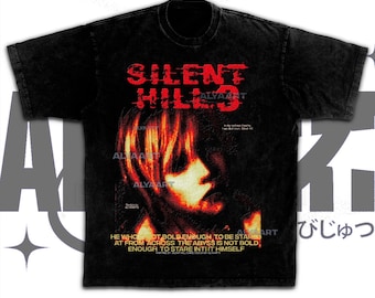 May include: Black t-shirt with a distressed look featuring a red graphic of a woman's face and the text "SILENT HILL". The text "HE WHO IS NOT BOLD ENOUGH TO BE STARING AT FROM ACROSS THE ABYSS IS NOT BOLD ENOUGH TO STARE INTO IT HIMSELF" is printed below the graphic.