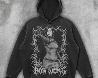 Ada Wong Vintage Washed Hoodie | Resident Evil Gothic Graphic Streetwear Pullover for Survival Horror Fans