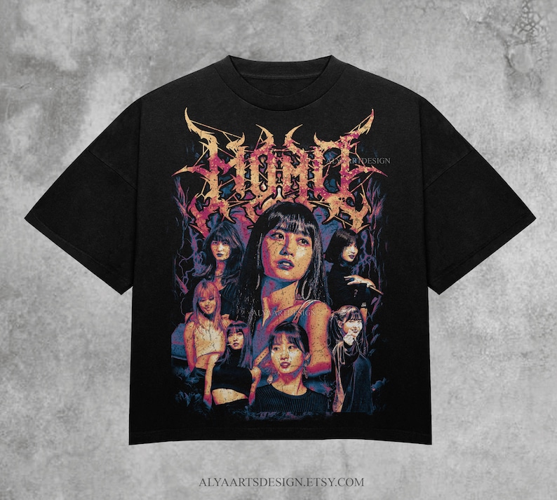 May include: Black t-shirt featuring a graphic design with the word "MOMO" in a stylized font. The design includes multiple portraits of women in various poses, with a vintage, distressed aesthetic.