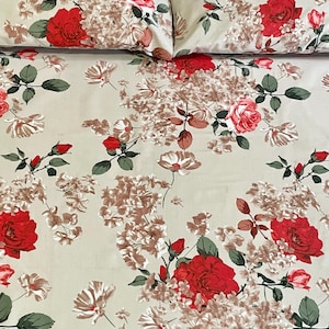 Red Rose Print on Beige Cotton Percale Bedsheet: Queen Size Floral Bedding