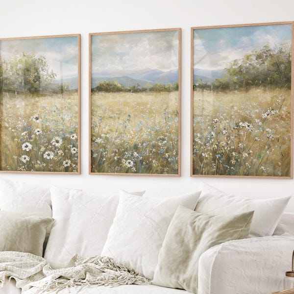 Neutral Wildflower Field Print Set: Vintage Farmhouse Landscape Art